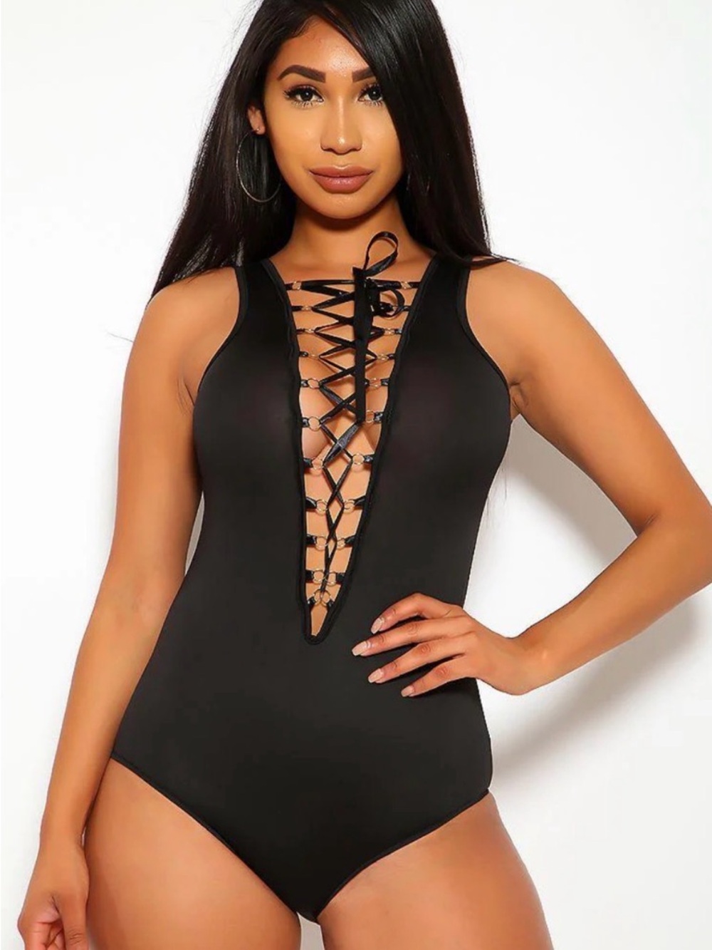 Black Lace-Up Plunge One-Piece Swimsuit